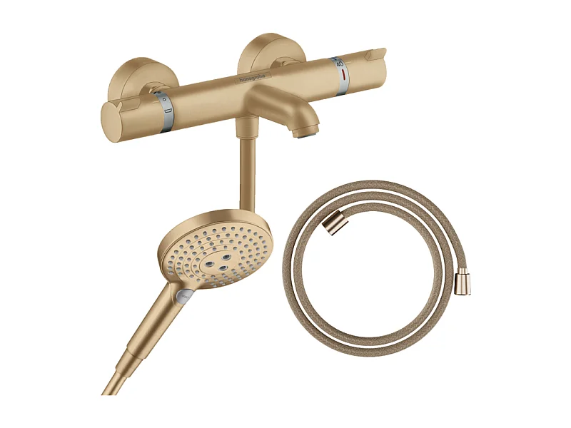Pack mitigeur bain douche thermostatique HANSGROHE Ecostat Comfort + Flexible Designflex + Pommeau Raindance Select 3jets bronze