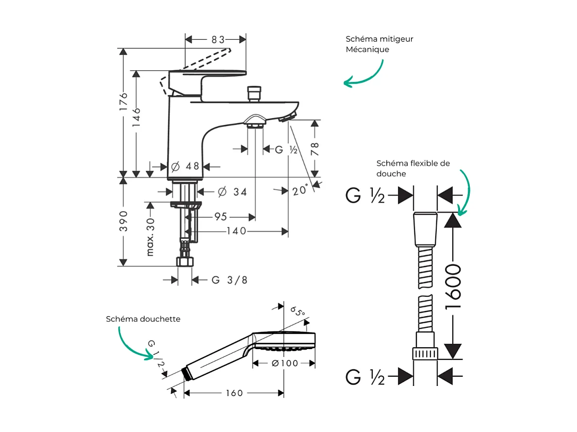 Pack mitigeur bain douche monotrou HANSGROHE Vernis Blend + Flexible Metaflex + Pommeau HANSGROHE Crometta blanc/chromé
