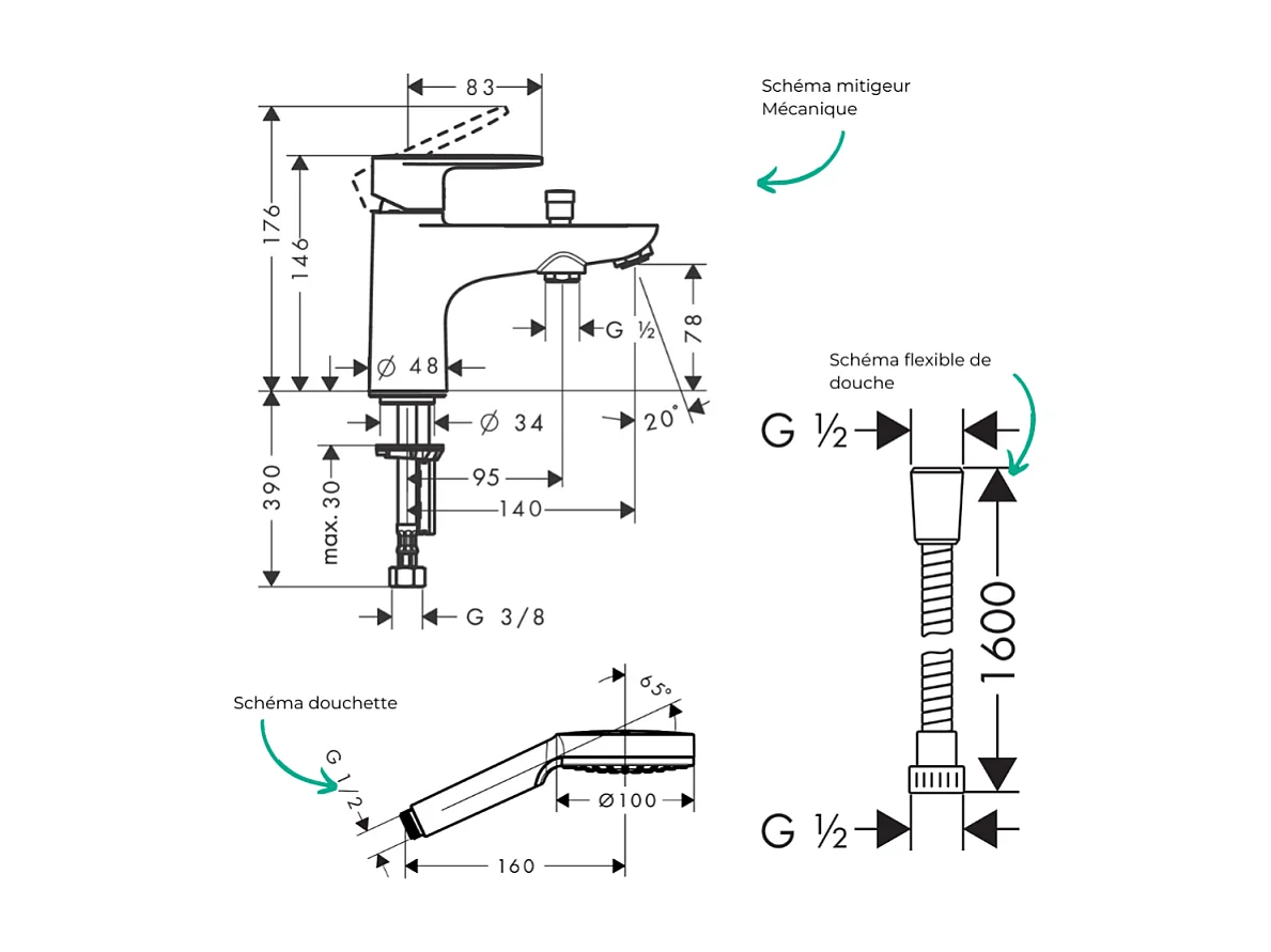 Pack mitigeur bain douche monotrou HANSGROHE Vernis Blend + Flexible Metaflex + Pommeau HANSGROHE Crometta blanc/chromé
