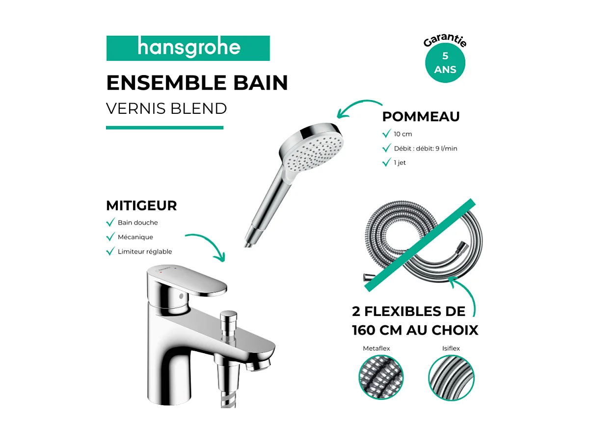 Pack mitigeur bain douche monotrou HANSGROHE Vernis Blend + Flexible Metaflex + Pommeau HANSGROHE Crometta blanc/chromé