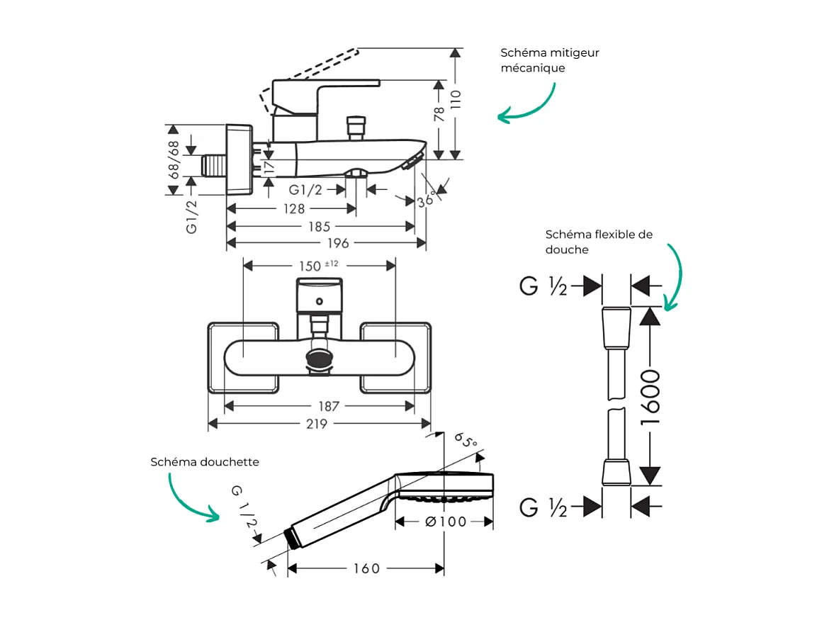 Pack mitigeur bain douche mécanique HANSGROHE Vernis Shape C2 + Flexible Isiflex + Pommeau Vernis Blend 100 EcoSmart 1jet chromé