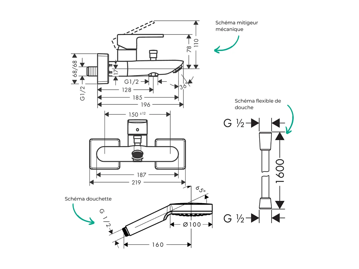 Pack mitigeur bain douche mécanique HANSGROHE Vernis Shape C2 + Flexible Isiflex + Pommeau Vernis Blend 100 EcoSmart 1jet chromé