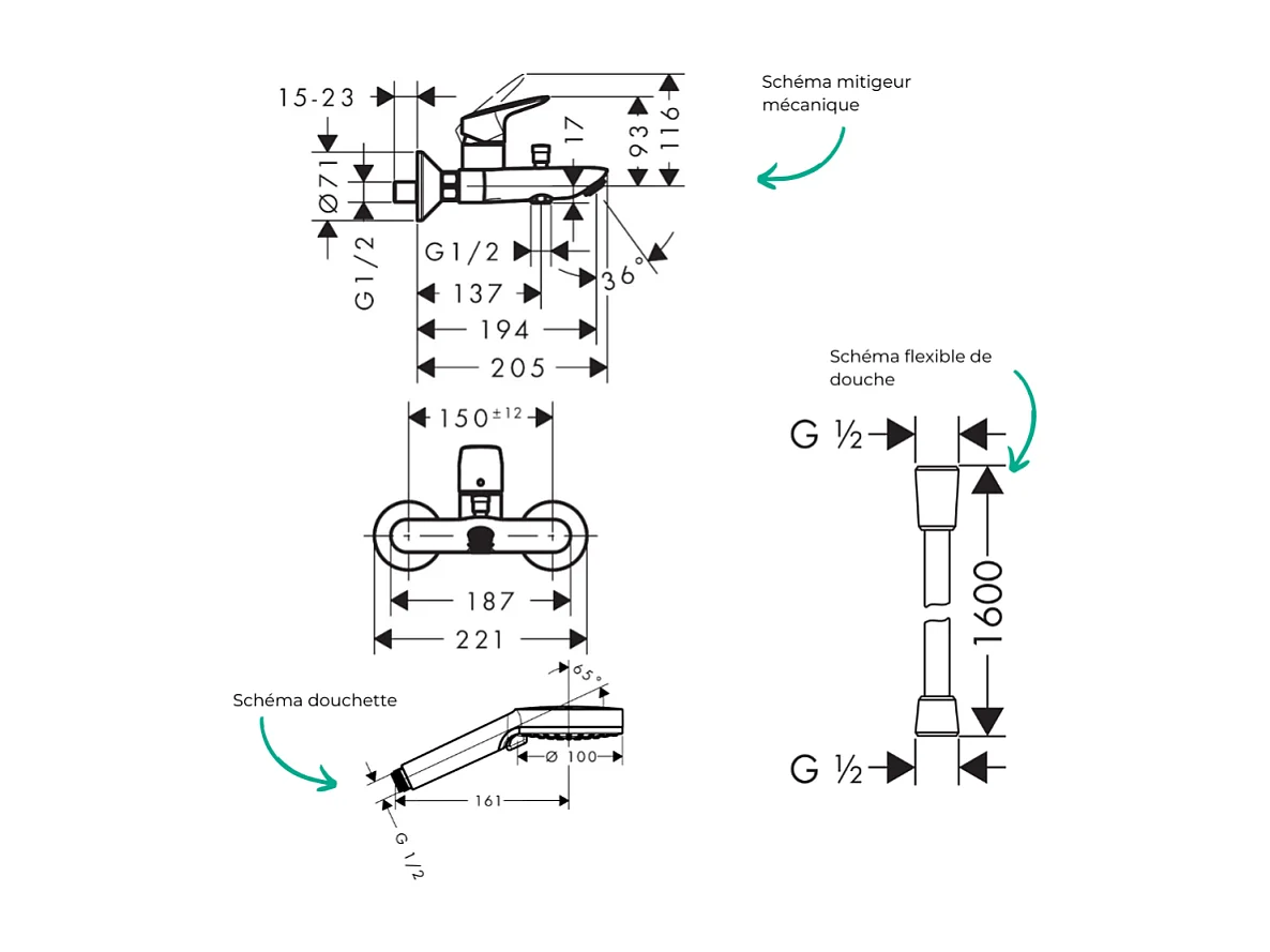 Pack mitigeur bain douche mécanique HANSGROHE Logis + Flexible Isiflex + Pommeau Vernis Blend 100 EcoSmart 2jets chromé