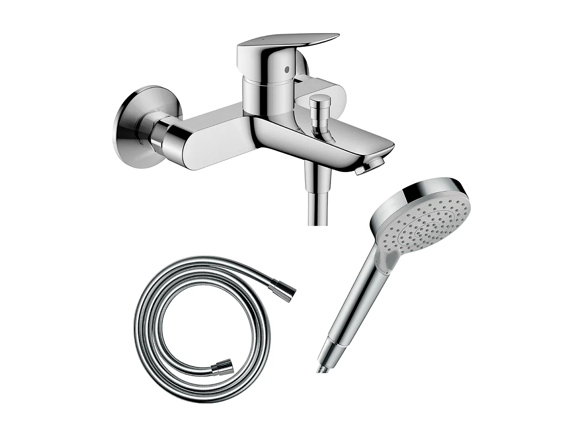 Pack mitigeur bain douche mécanique HANSGROHE Logis + Flexible Isiflex + Pommeau Vernis Blend 100 EcoSmart 2jets chromé