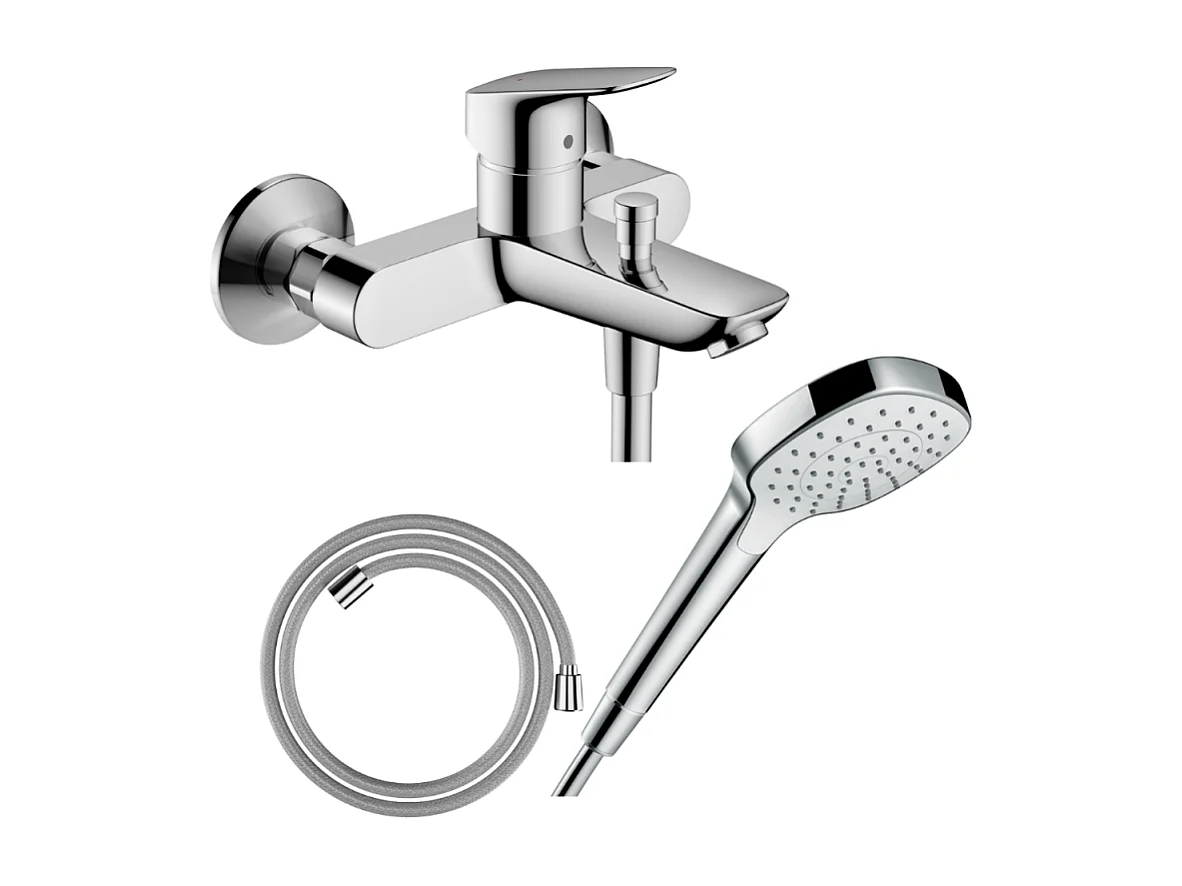 Pack mitigeur bain douche mécanique HANSGROHE Logis + Flexible Designflex + Pommeau Croma Select E EcoSmart blanc/chromé