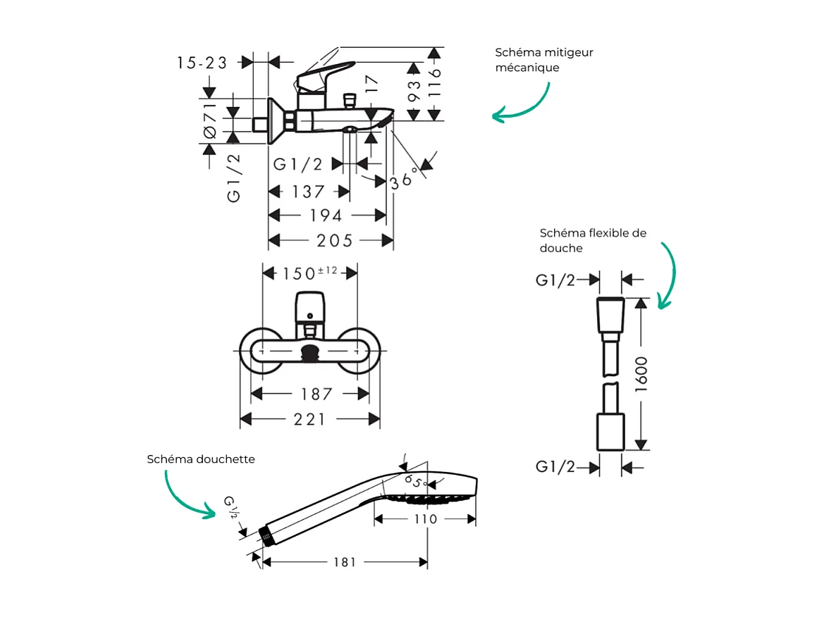 Pack mitigeur bain douche mécanique HANSGROHE Logis + Flexible Designflex + Pommeau Croma Select E EcoSmart blanc/chromé