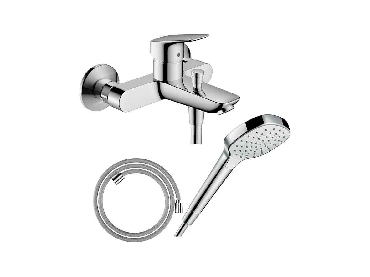 Pack mitigeur bain douche mécanique HANSGROHE Logis + Flexible Designflex + Pommeau Croma Select E EcoSmart blanc/chromé