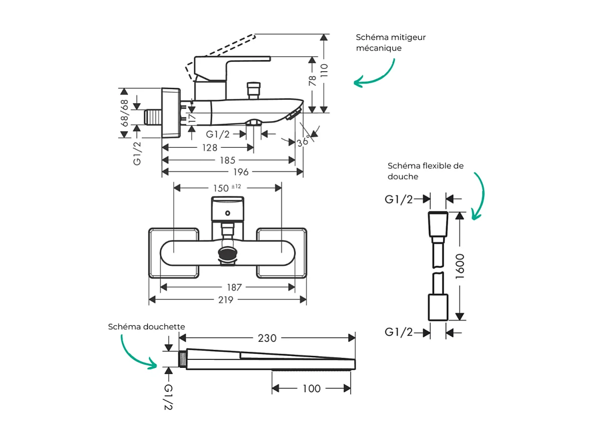 Pack mitigeur bain mécanique HANSGROHE Vernis Shape C2 + Flexible Designflex + Pommeau HANSGROHE Pulsify E 100 EcoSmart chromé