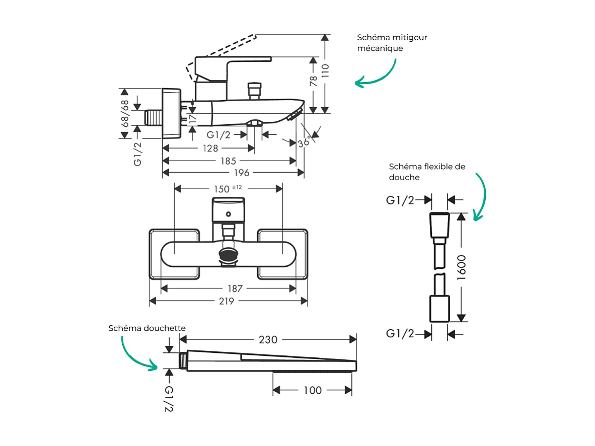 Pack mitigeur bain mécanique HANSGROHE Vernis Shape C2 + Flexible Designflex + Pommeau HANSGROHE Pulsify E 100 EcoSmart chromé