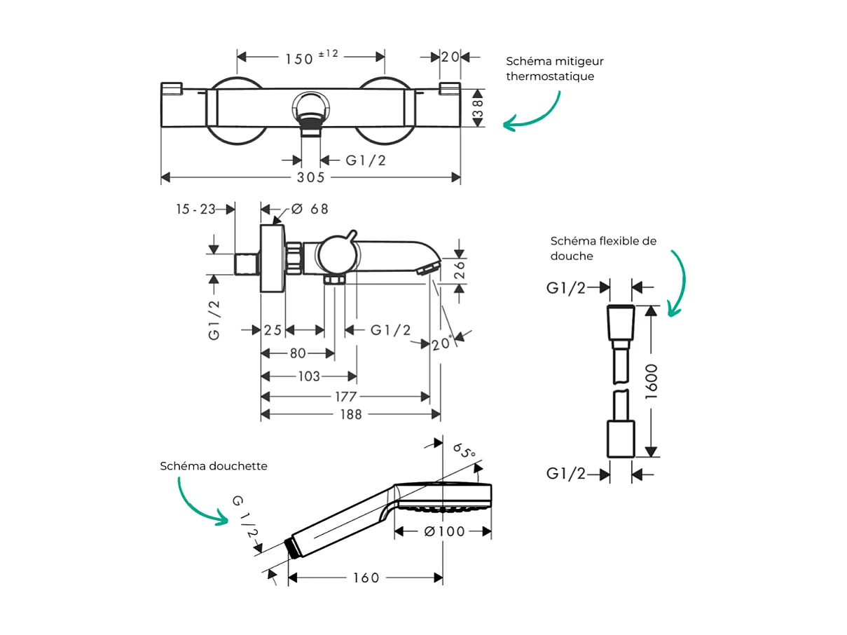 Pack mitigeur bain thermostatique HANSGROHE Ecostat Comfort + Flexible Designflex 1,6m + Pommeau Vernis Blend EcoSmart chromé