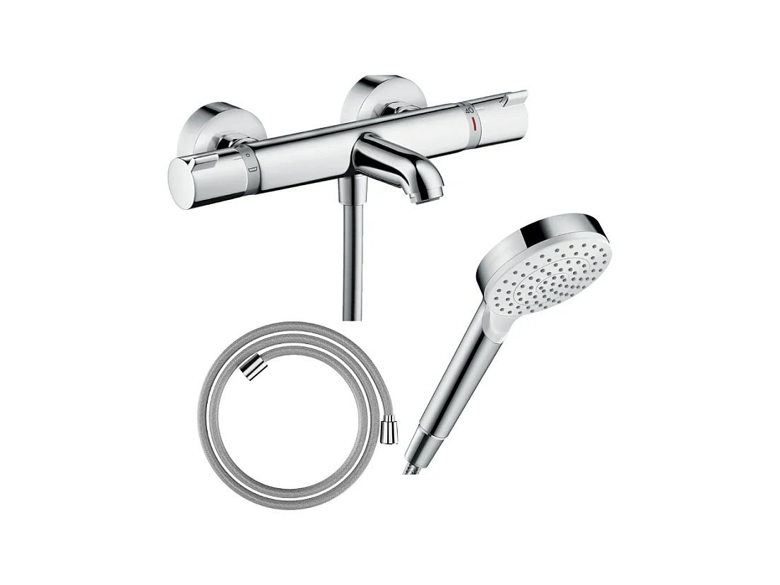 Pack mitigeur bain thermostatique HANSGROHE Ecostat Comfort + Flexible Designflex 1,6m + Pommeau Vernis Blend EcoSmart chromé
