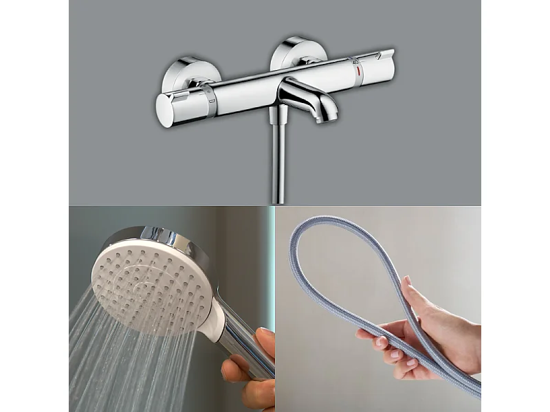 Pack mitigeur bain thermostatique HANSGROHE Ecostat Comfort + Flexible Designflex 1,6m + Pommeau Vernis Blend EcoSmart chromé