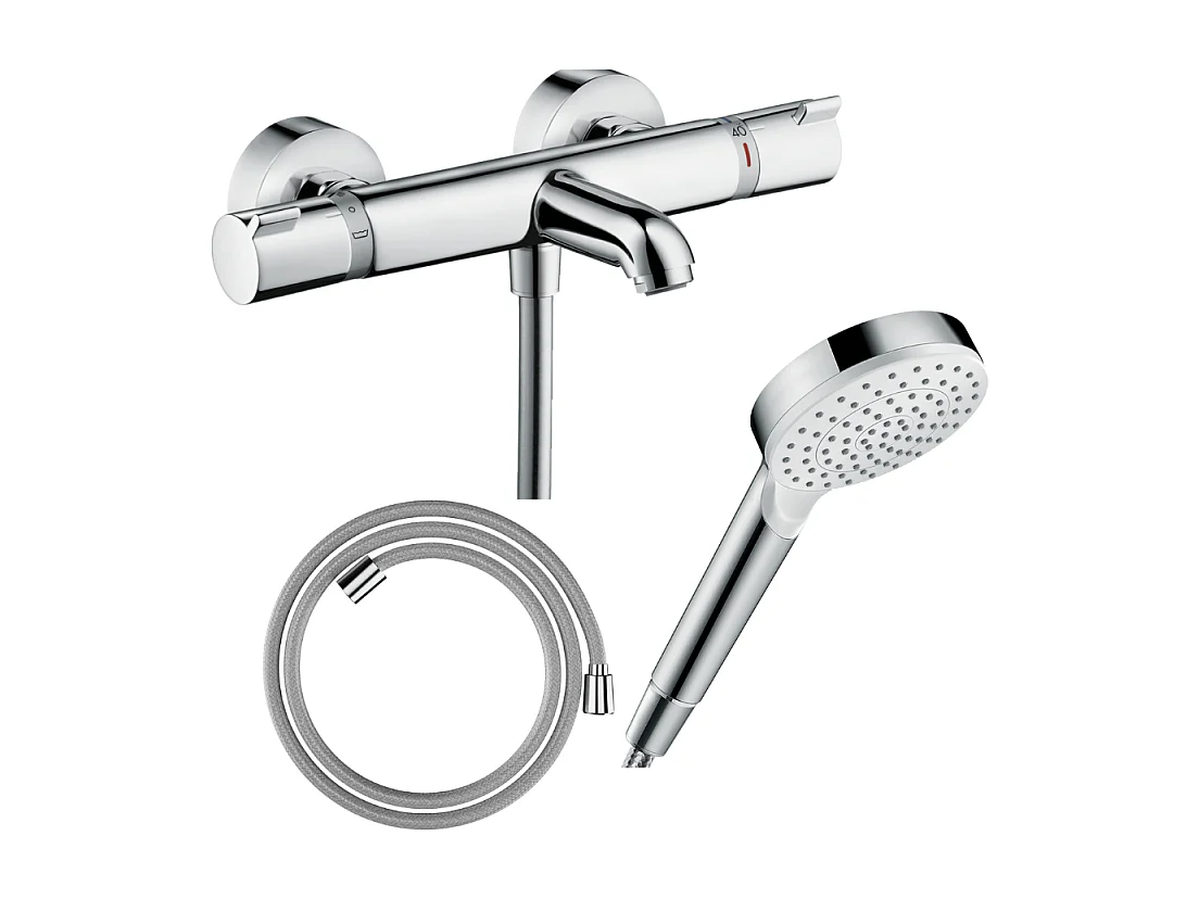 Pack mitigeur bain thermostatique HANSGROHE Ecostat Comfort + Flexible Designflex 1,6m + Pommeau Vernis Blend EcoSmart chromé