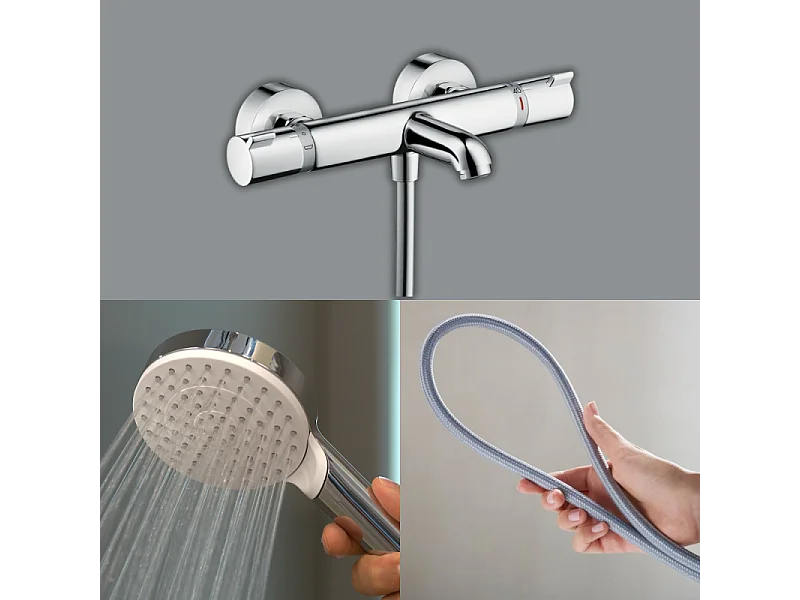 Pack mitigeur bain thermostatique HANSGROHE Ecostat Comfort + Flexible Designflex 1,6m + Pommeau Vernis Blend EcoSmart chromé