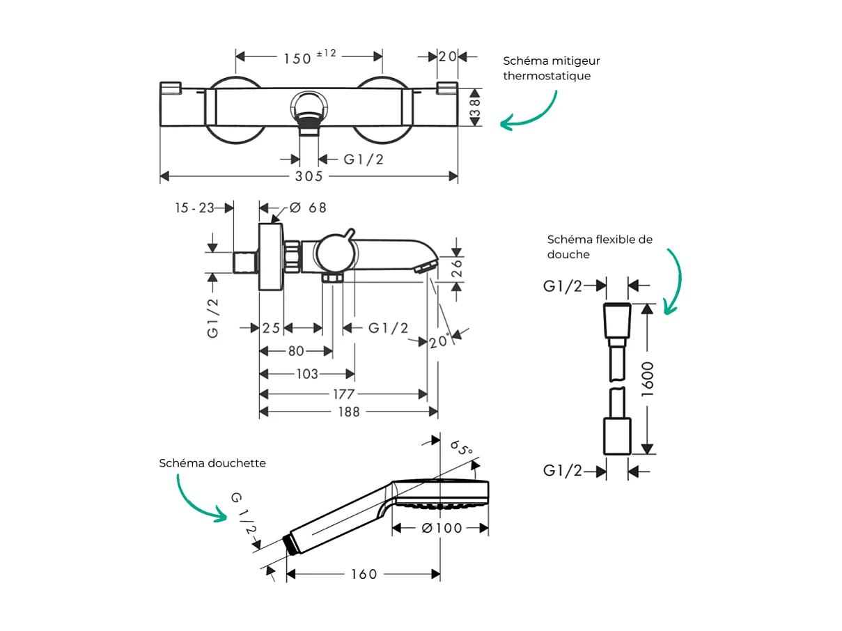 Pack mitigeur bain thermostatique HANSGROHE Ecostat Comfort + Flexible Designflex 1,6m + Pommeau Vernis Blend EcoSmart chromé