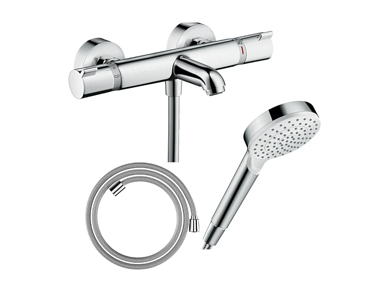 Pack mitigeur bain thermostatique HANSGROHE Ecostat Comfort + Flexible Designflex 1,6m + Pommeau Vernis Blend EcoSmart chromé