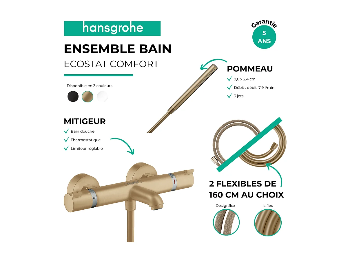 Pack mitigeur bain douche thermostatique HANSGROHE Ecostat Comfort  + Flexible Isiflex + Pommeau Pulsify S bronze brossé