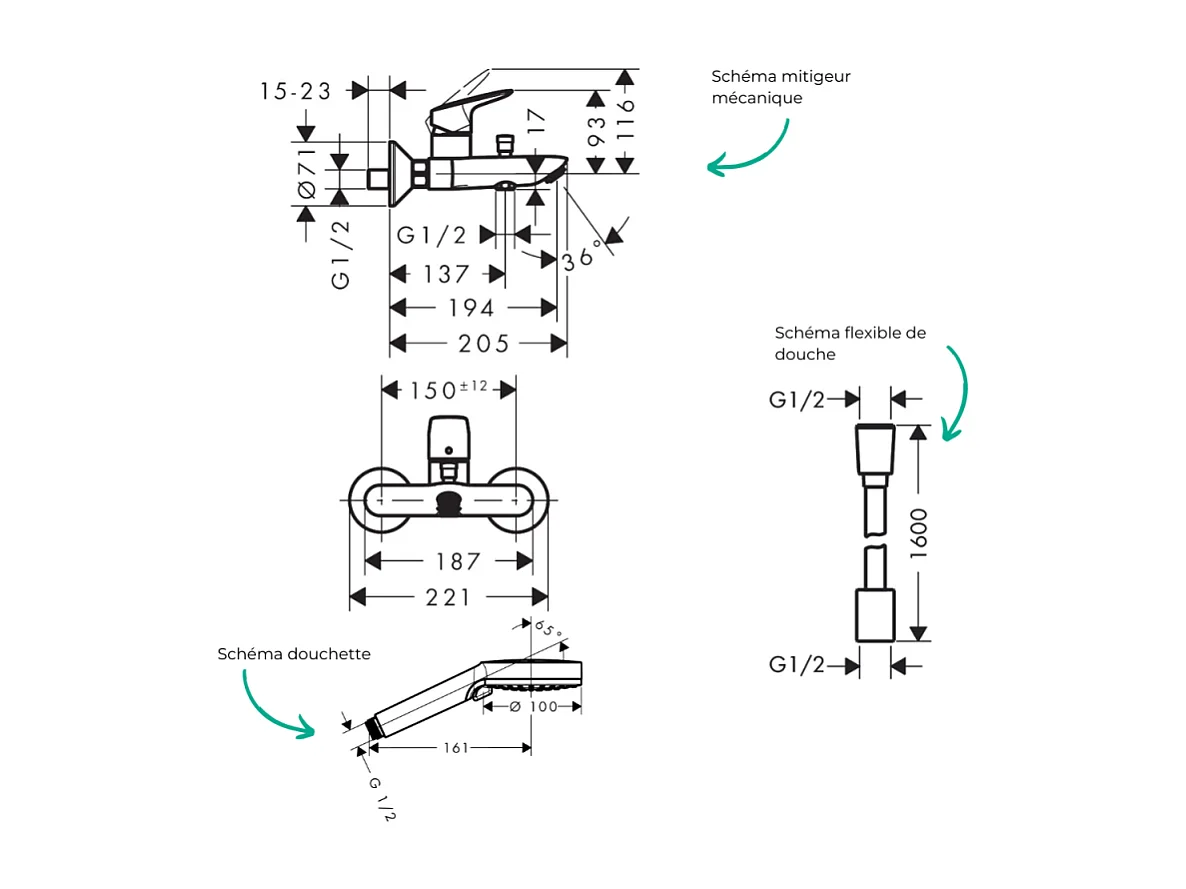Pack mitigeur bain douche mécanique HANSGROHE Logis + Flexible Designflex + Pommeau Vernis Blend 100 EcoSmart 2jets chromé