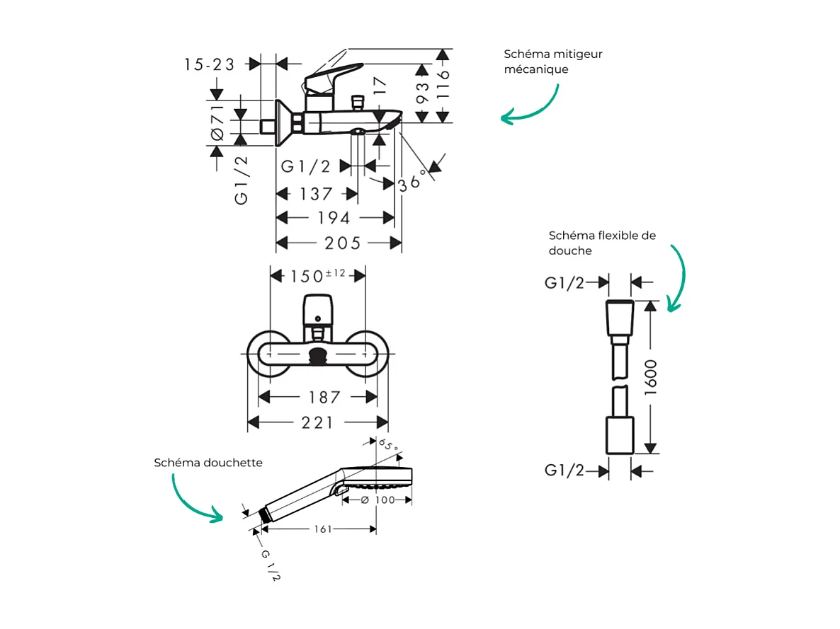 Pack mitigeur bain douche mécanique HANSGROHE Logis + Flexible Designflex + Pommeau Vernis Blend 100 EcoSmart 2jets chromé