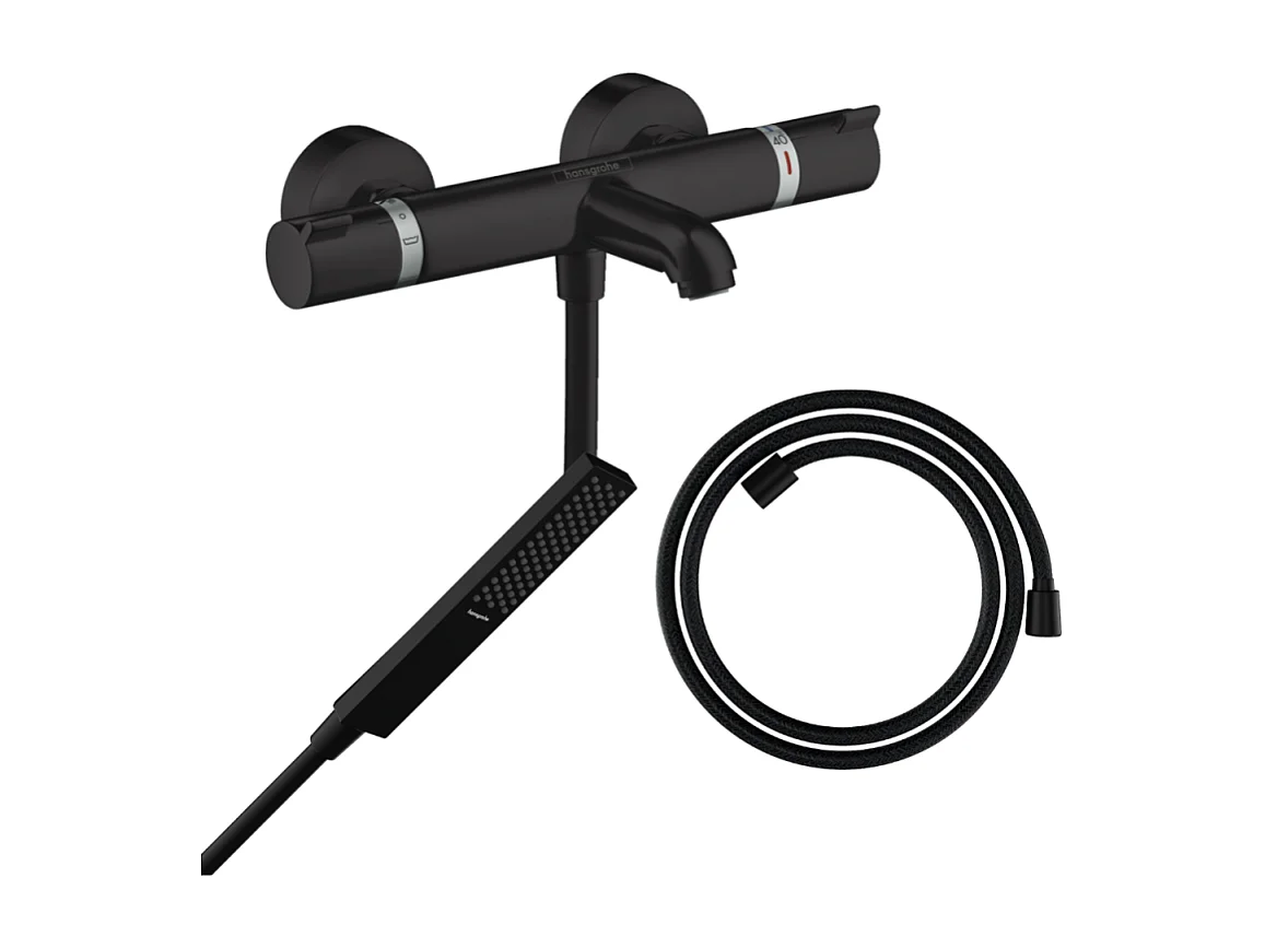 Pack mitigeur bain douche thermostatique HANSGROHE Ecostat Comfort + Flexible Designflex + Pommeau Pulsify E noir mat