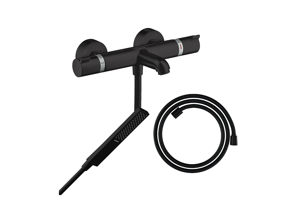 Pack mitigeur bain douche thermostatique HANSGROHE Ecostat Comfort + Flexible Designflex + Pommeau Pulsify E noir mat