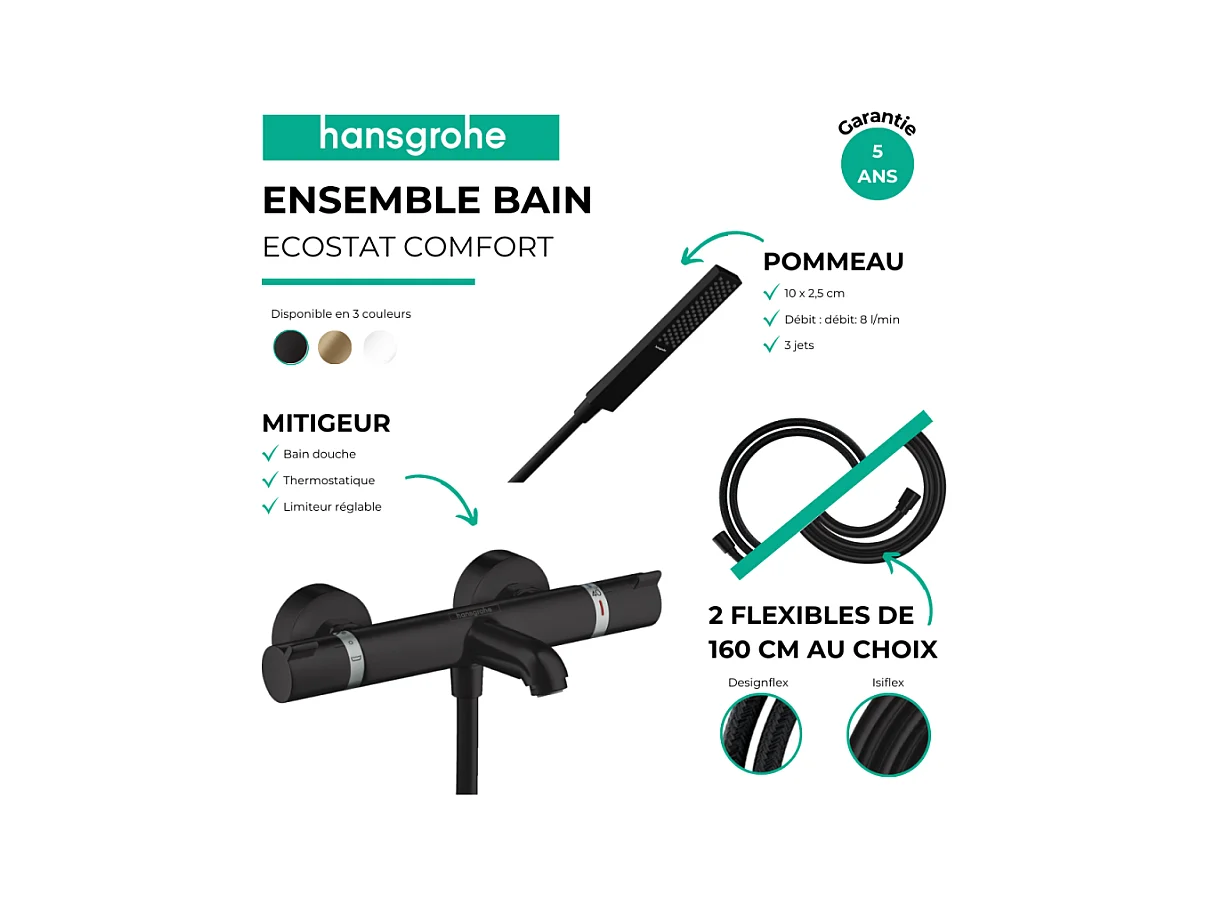 Pack mitigeur bain douche thermostatique HANSGROHE Ecostat Comfort + Flexible Designflex + Pommeau Pulsify E noir mat