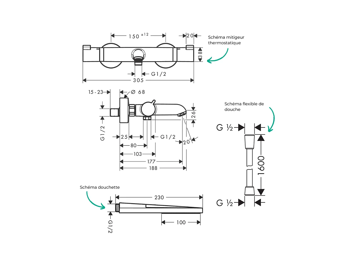 Pack mitigeur bain douche thermostatique HANSGROHE Ecostat Comfort + Flexible Designflex + Pommeau Pulsify E noir mat