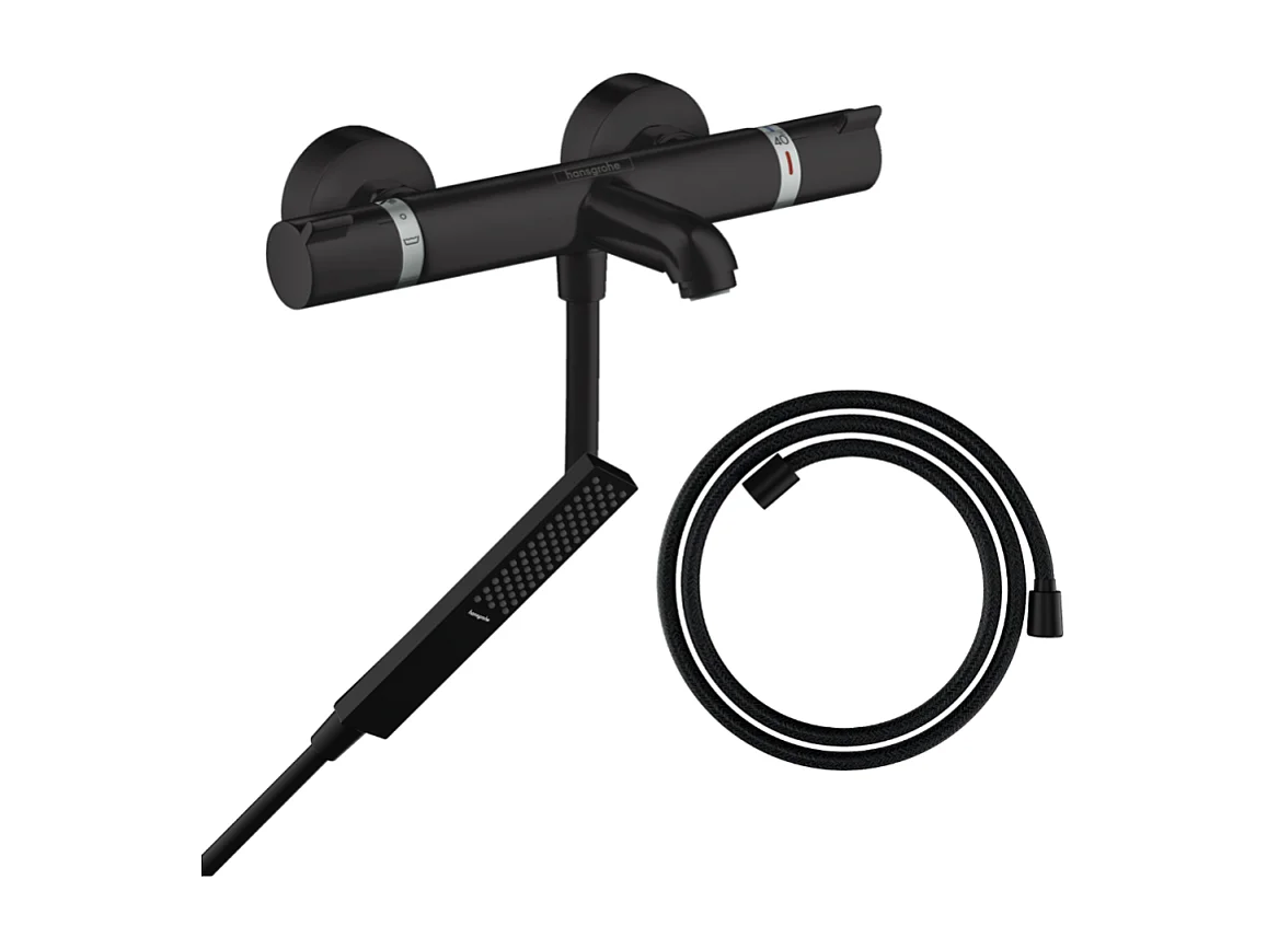 Pack mitigeur bain douche thermostatique HANSGROHE Ecostat Comfort + Flexible Designflex + Pommeau Pulsify E noir mat