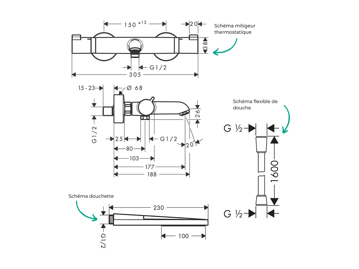 Pack mitigeur bain douche thermostatique HANSGROHE Ecostat Comfort + Flexible Designflex + Pommeau Pulsify E noir mat