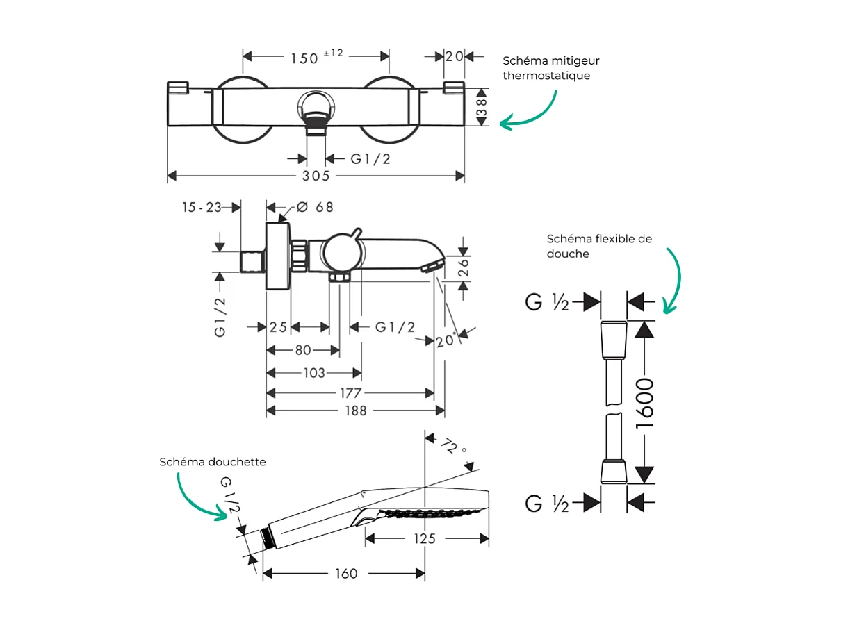 Pack mitigeur bain douche thermostatique HANSGROHE Ecostat Comfort + Flexible Isiflex + Pommeau Raindance Select 3jets noir