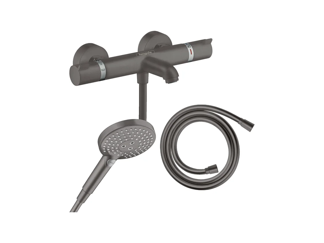 Pack mitigeur bain douche thermostatique HANSGROHE Ecostat Comfort + Flexible Isiflex + Pommeau Raindance Select 3jets noir