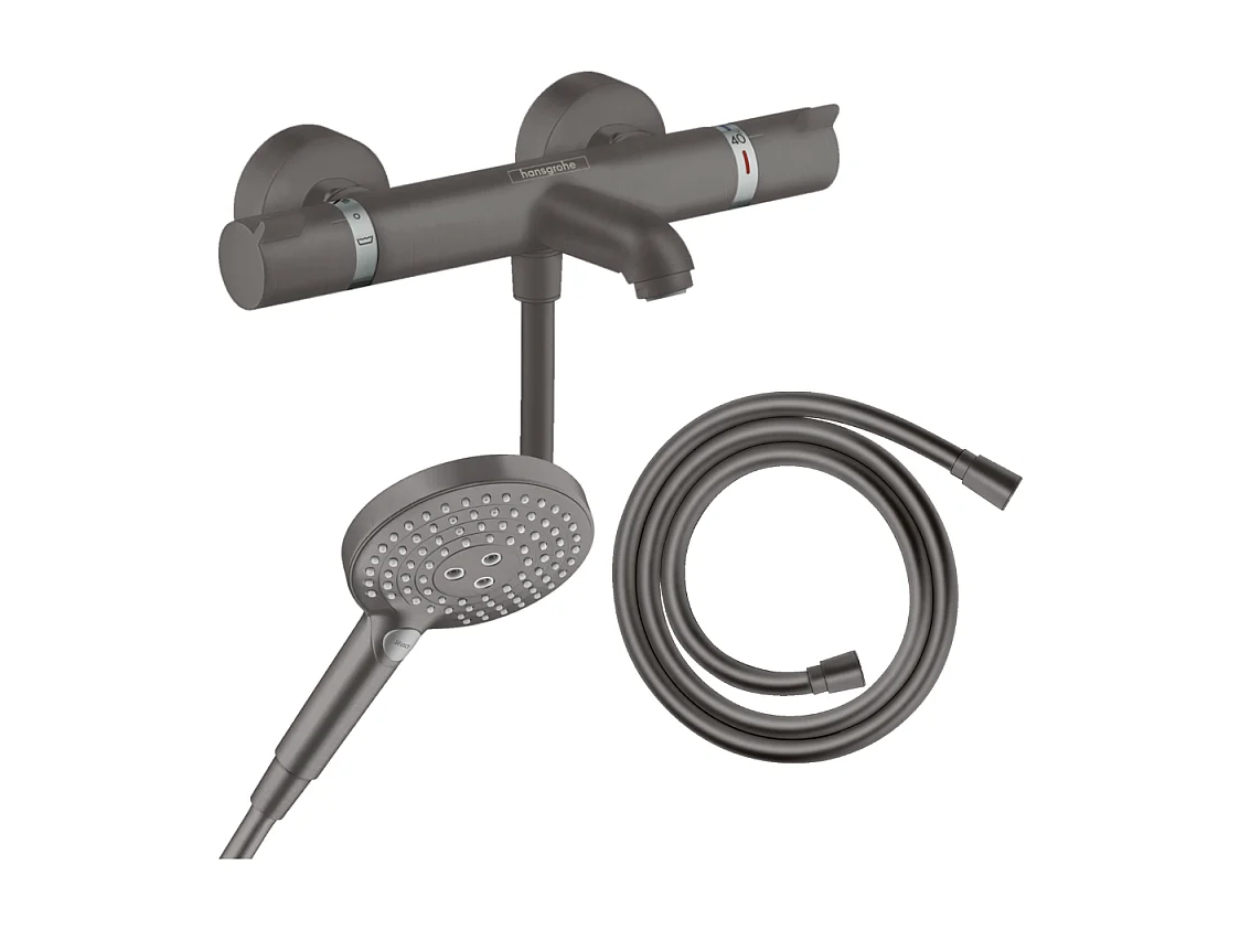 Pack mitigeur bain douche thermostatique HANSGROHE Ecostat Comfort + Flexible Isiflex + Pommeau Raindance Select 3jets noir