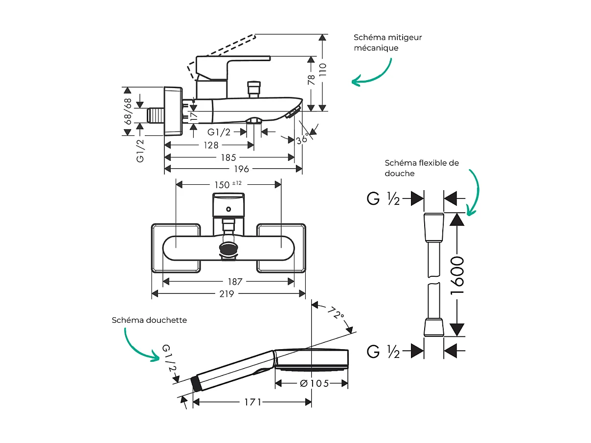 Pack mitigeur bain mécanique HANSGROHE Vernis Shape C2 + Flexible Isiflex + Pommeau Pulsify Select EcoSmart 105 3jets chromé