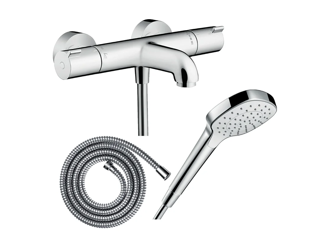 Pack mitigeur bain thermostatique HANSGROHE Ecostat 1001CL + Flexible Metaflex + Pommeau Croma Select E EcoSmart blanc/chromé