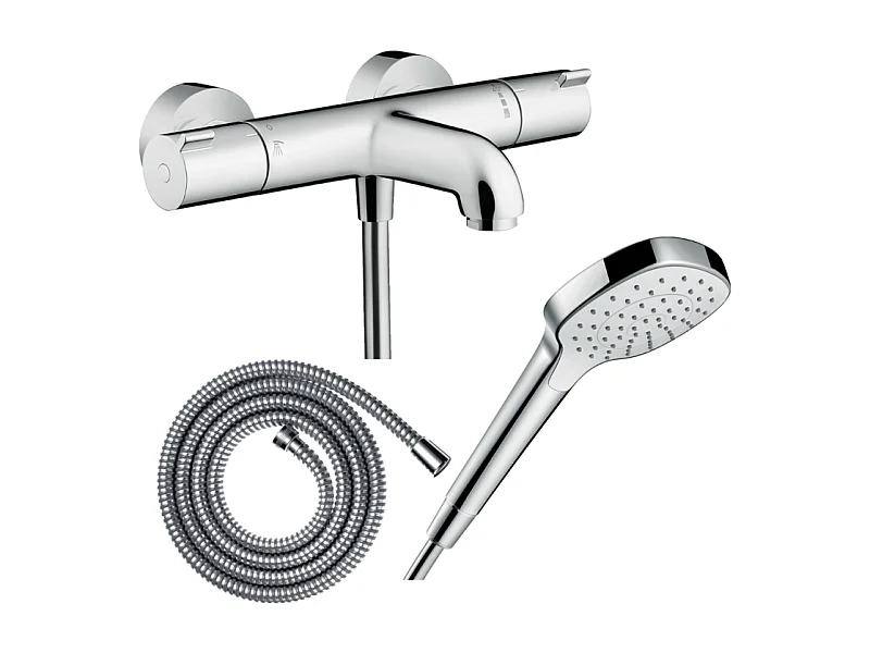 Pack mitigeur bain thermostatique HANSGROHE Ecostat 1001CL + Flexible Metaflex + Pommeau Croma Select E EcoSmart blanc/chromé