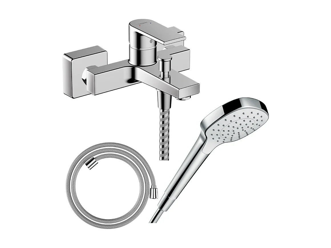 Pack mitigeur bain douche mécanique HANSGROHE Vernis Shape C2 + Flexible Designflex + Pommeau Croma Select E EcoSmart blanc/chromé