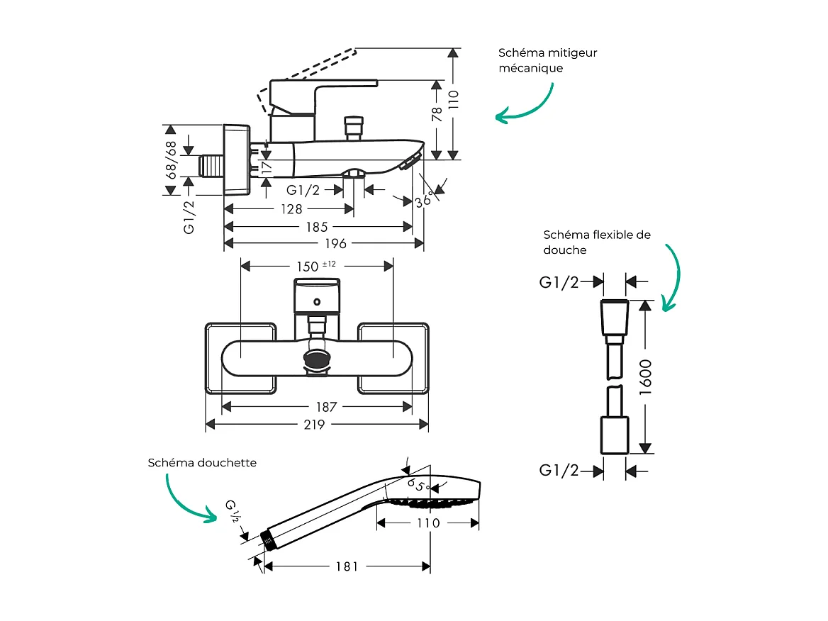 Pack mitigeur bain douche mécanique HANSGROHE Vernis Shape C2 + Flexible Designflex + Pommeau Croma Select E EcoSmart blanc/chromé
