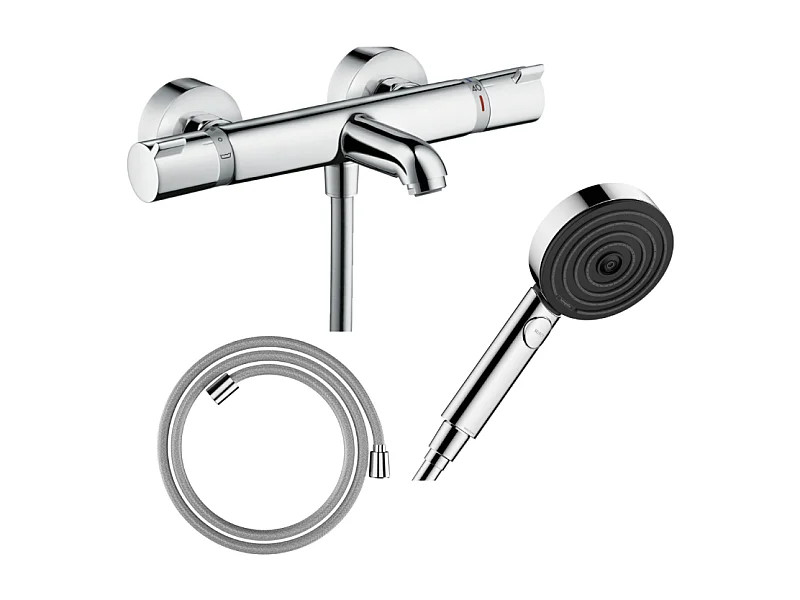 Pack mitigeur bain thermostatique HANSGROHE Ecostat Comfort + Flexible Designflex 1,6m + Pommeau Pulsify EcoSmart 3 jets chromé