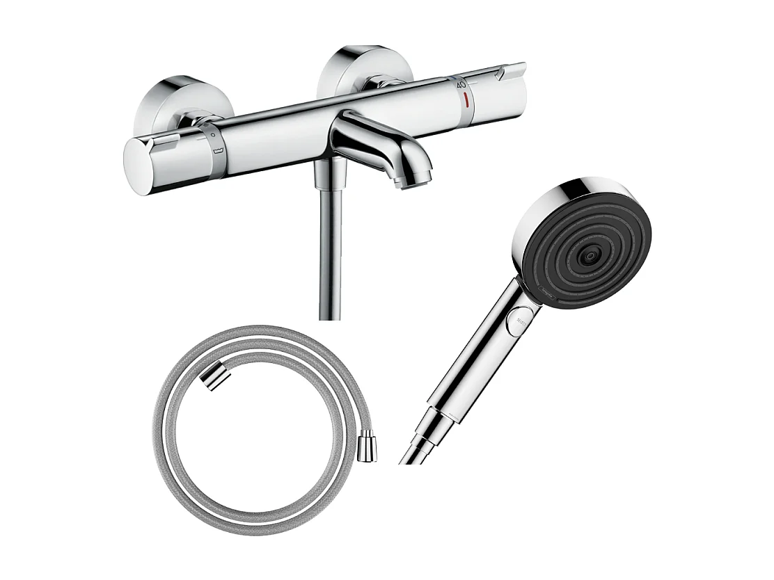 Pack mitigeur bain thermostatique HANSGROHE Ecostat Comfort + Flexible Designflex 1,6m + Pommeau Pulsify EcoSmart 3 jets chromé