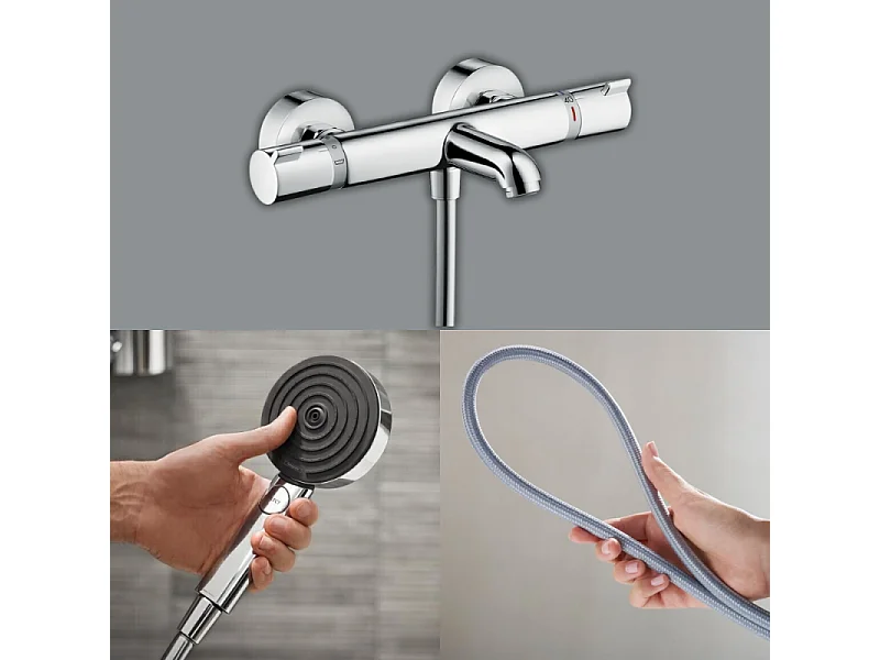 Pack mitigeur bain thermostatique HANSGROHE Ecostat Comfort + Flexible Designflex 1,6m + Pommeau Pulsify EcoSmart 3 jets chromé