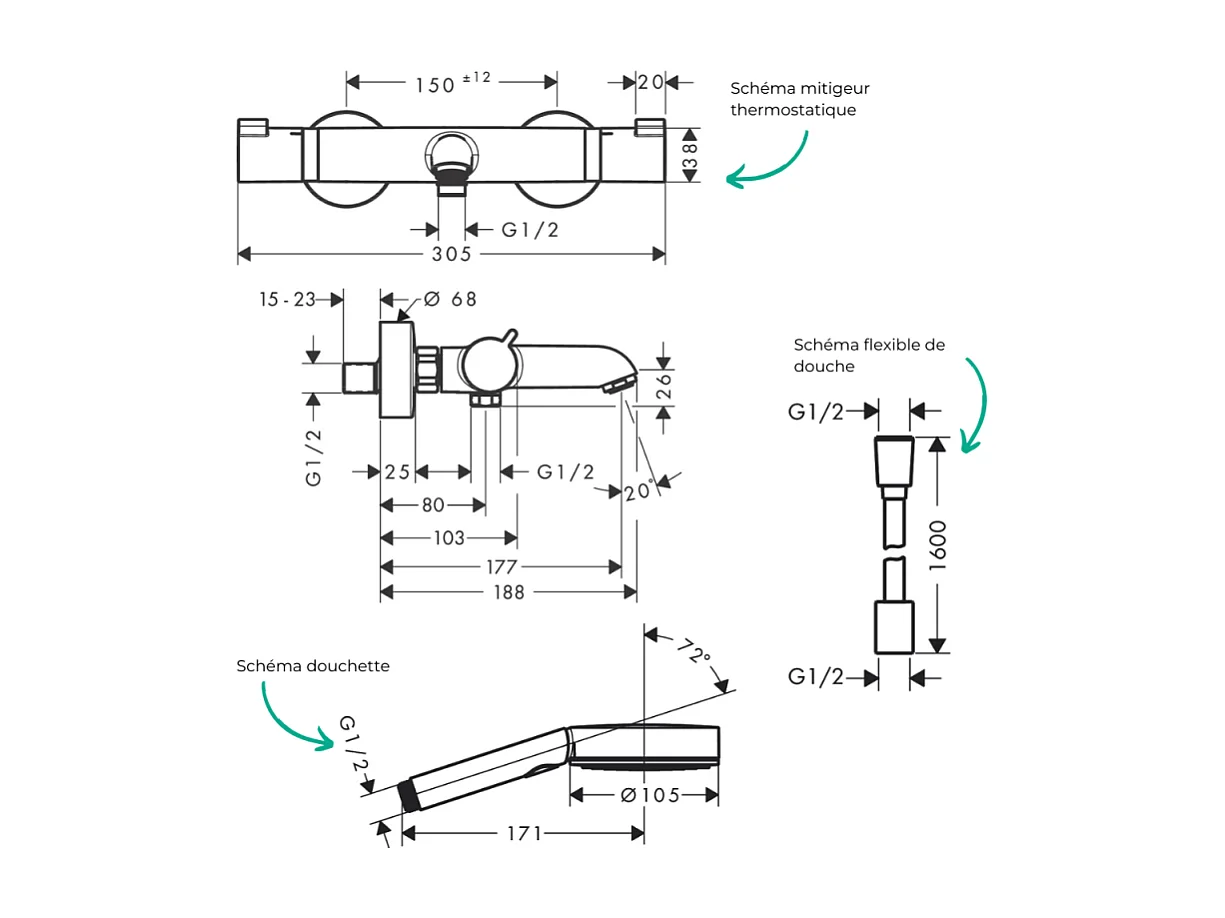 Pack mitigeur bain thermostatique HANSGROHE Ecostat Comfort + Flexible Designflex 1,6m + Pommeau Pulsify EcoSmart 3 jets chromé