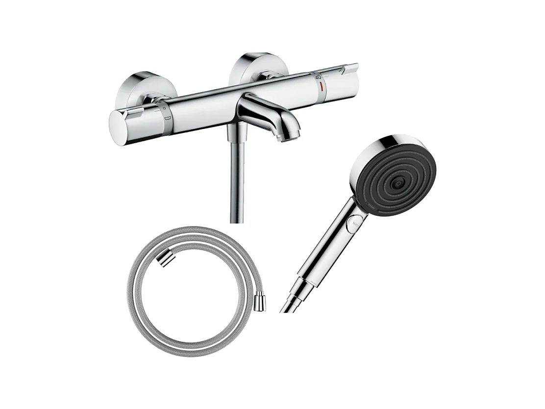 Pack mitigeur bain thermostatique HANSGROHE Ecostat Comfort + Flexible Designflex 1,6m + Pommeau Pulsify EcoSmart 3 jets chromé