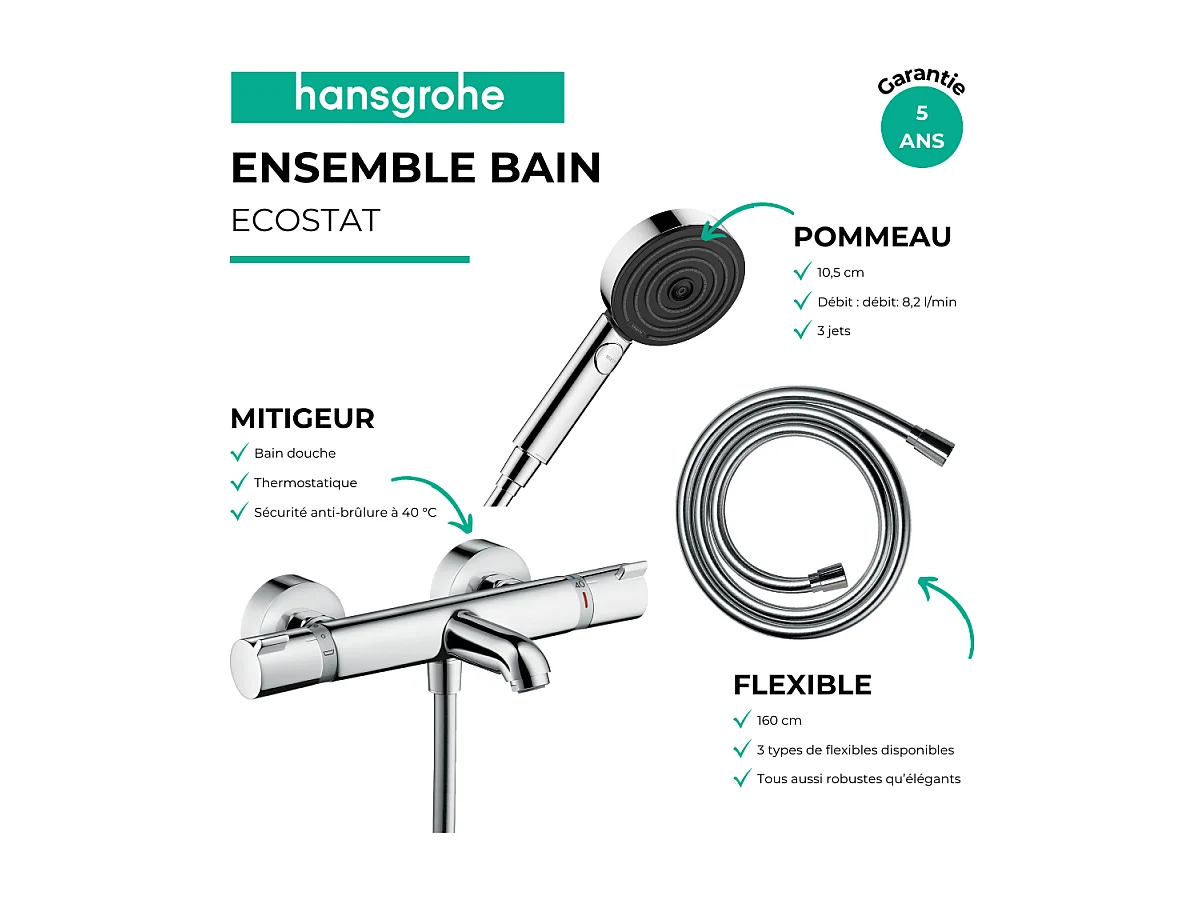 Pack mitigeur bain thermostatique HANSGROHE Ecostat Comfort + Flexible Designflex 1,6m + Pommeau Pulsify EcoSmart 3 jets chromé