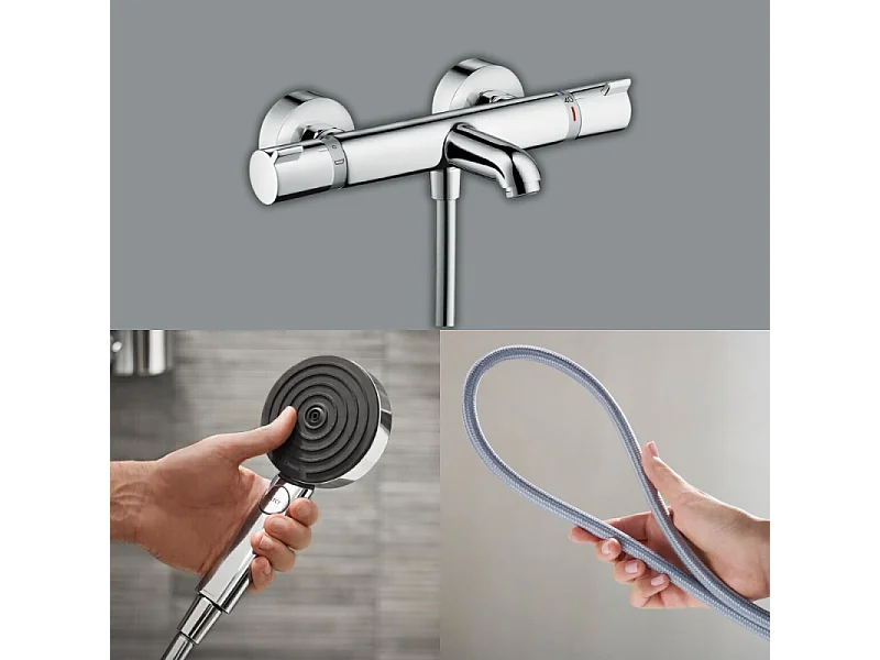 Pack mitigeur bain thermostatique HANSGROHE Ecostat Comfort + Flexible Designflex 1,6m + Pommeau Pulsify EcoSmart 3 jets chromé