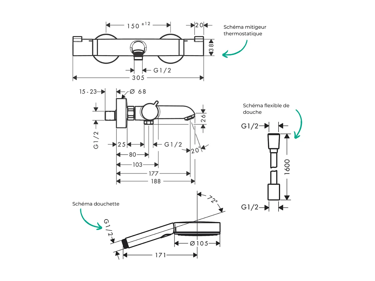 Pack mitigeur bain thermostatique HANSGROHE Ecostat Comfort + Flexible Designflex 1,6m + Pommeau Pulsify EcoSmart 3 jets chromé