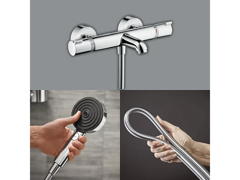 Pack mitigeur bain thermostatique HANSGROHE EcostatComfort + Flexible Isiflex 1,6m + Pommeau Pulsify Select EcoSmart 3 jets chromé