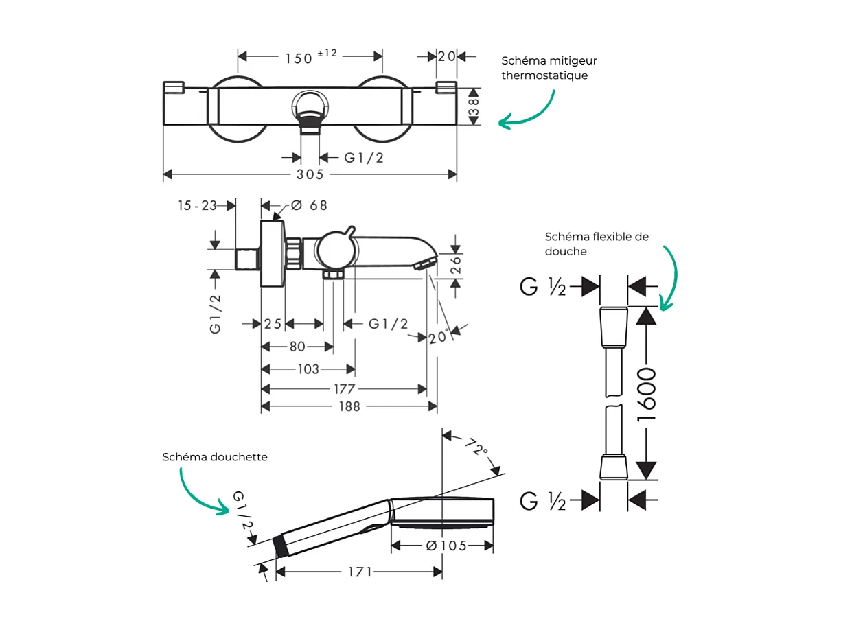 Pack mitigeur bain thermostatique HANSGROHE EcostatComfort + Flexible Isiflex 1,6m + Pommeau Pulsify Select EcoSmart 3 jets chromé