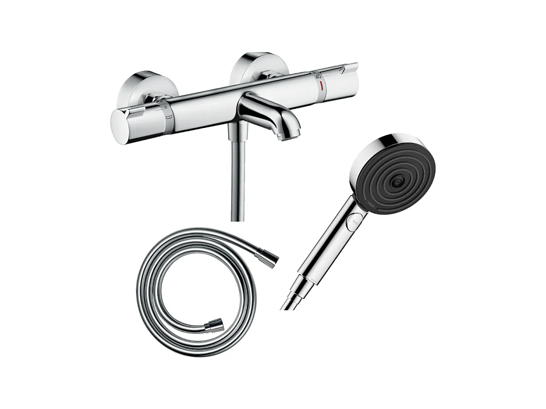 Pack mitigeur bain thermostatique HANSGROHE EcostatComfort + Flexible Isiflex 1,6m + Pommeau Pulsify Select EcoSmart 3 jets chromé