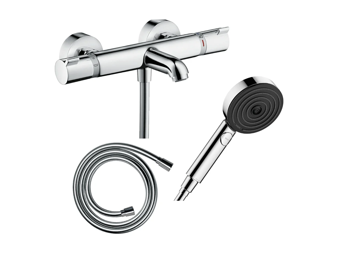 Pack mitigeur bain thermostatique HANSGROHE EcostatComfort + Flexible Isiflex 1,6m + Pommeau Pulsify Select EcoSmart 3 jets chromé