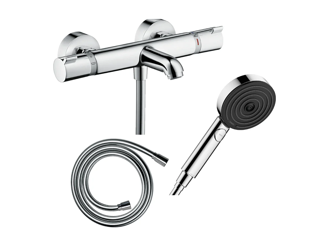 Pack mitigeur bain thermostatique HANSGROHE EcostatComfort + Flexible Isiflex 1,6m + Pommeau Pulsify Select EcoSmart 3 jets chromé